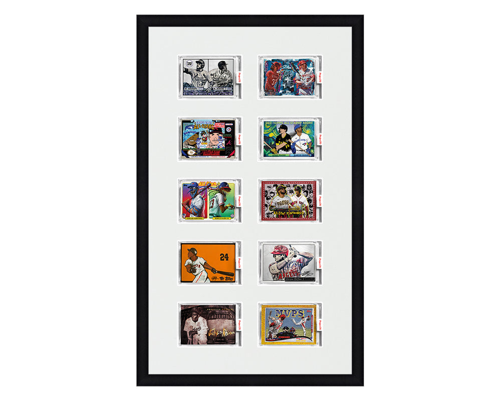 Framed Card Display for 10 horizontal Project 70, Project 2020, or Project 100 trading cards in a 5x2 layout with a white background and black frame