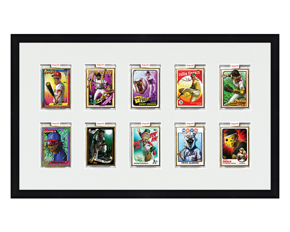 Framed Card Display for 10 Project 70, Project 2020, or Project 100 trading cards in a 2x5 layout with a white background and black frame