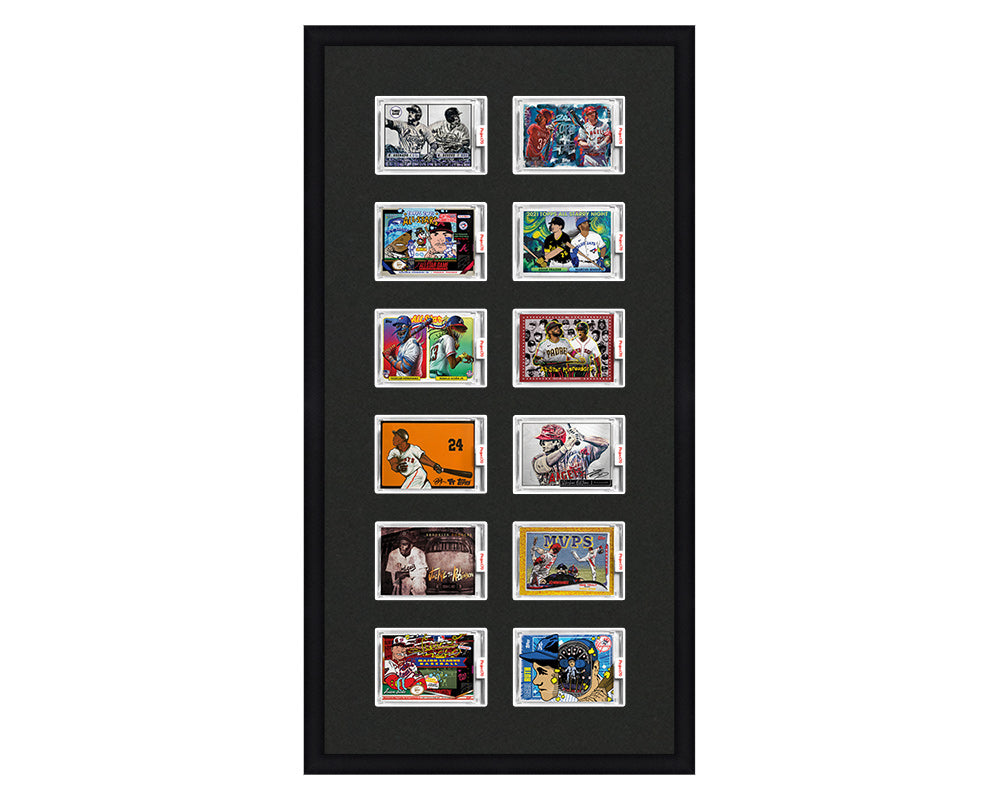 Framed Card Display for 12 horizontal Project 70, Project 2020, or Project 100 trading cards in a 6x2 layout with a black background and black frame