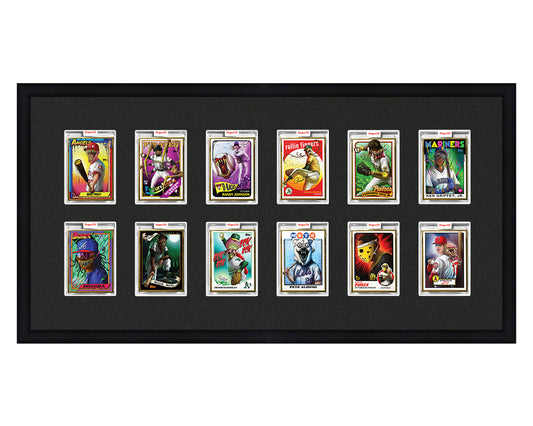 Framed Card Display for 12 Project 70, Project 2020, or Project 100 trading cards in a 2x6 layout with a black background and black frame