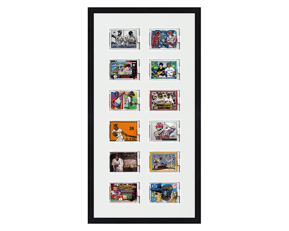 Framed Card Display for 12 horizontal Project 70, Project 2020, or Project 100 trading cards in a 6x2 layout with a white background and black frame