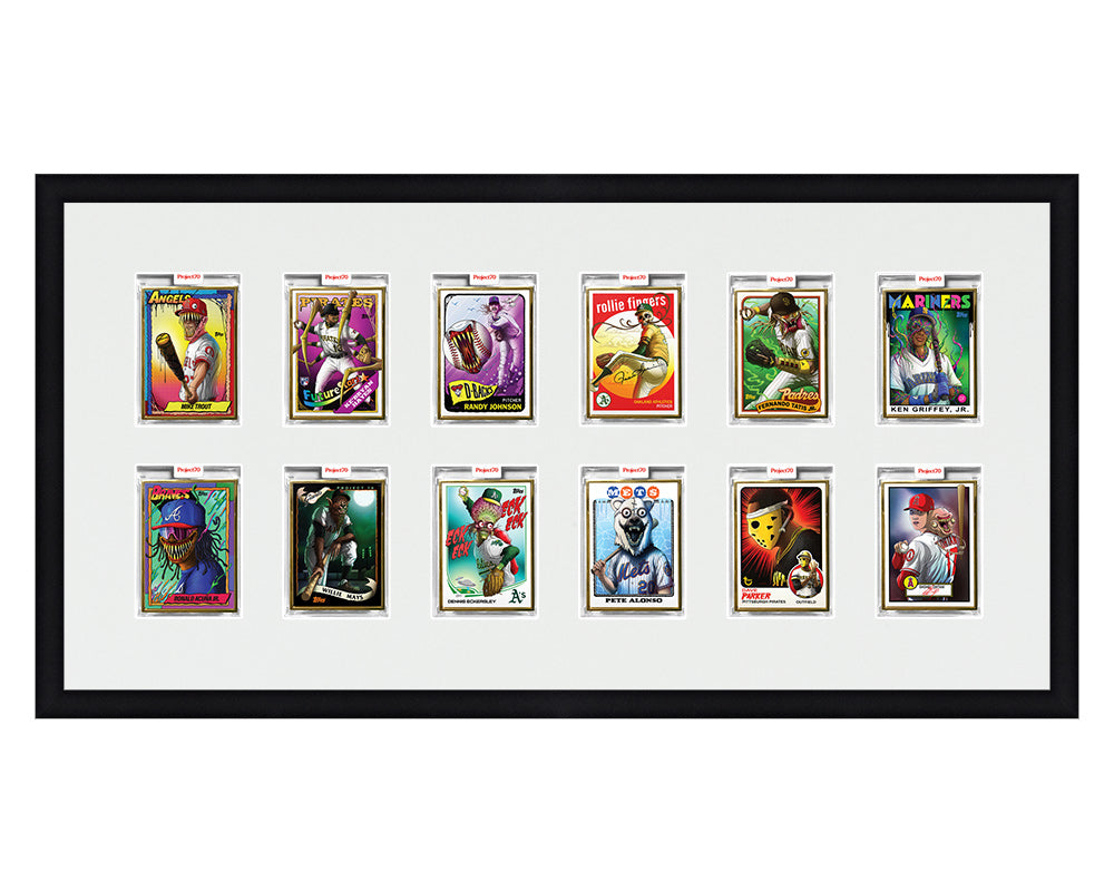 Framed Card Display for 12 Project 70, Project 2020, or Project 100 trading cards in an 2x6 layout with a white background and black frame