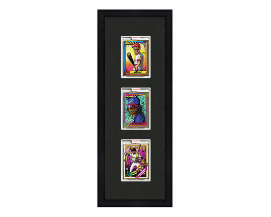 Framed Card Display for 3 Project 70, Project 2020, or Project 100 trading cards in a 3 up layout with a black background and black frame