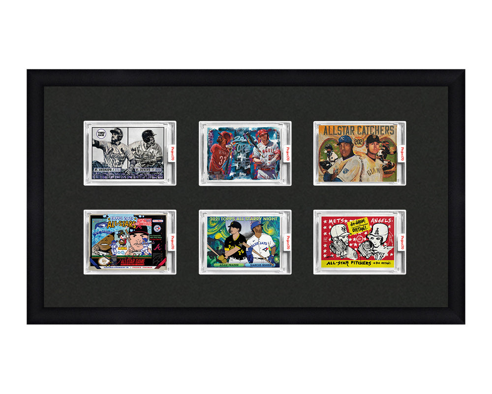 Framed Card Display for 6 horizontal Project 70, Project 2020, or Project 100 trading cards in a 3x2 layout with a black background and black frame