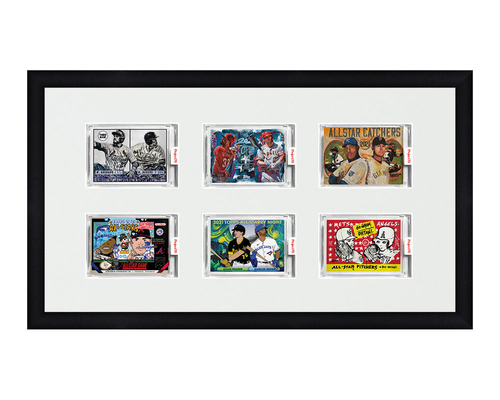 Framed Card Display for 6 horizontal Project 70, Project 2020, or Project 100 trading cards in a 3x2 layout with a white background and black frame