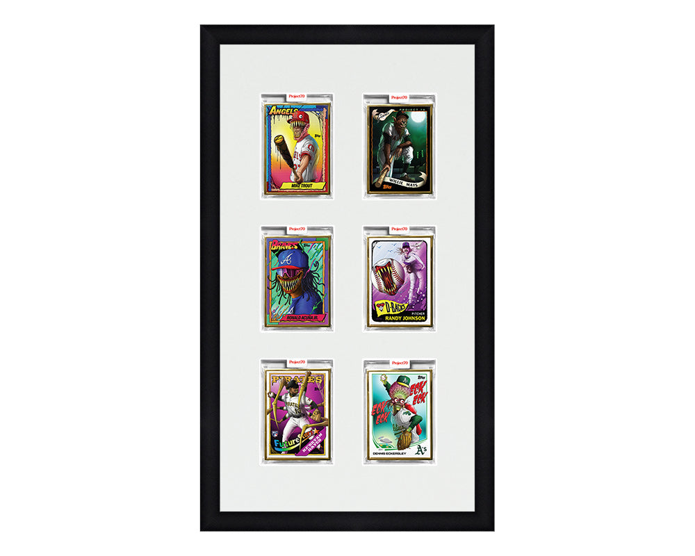 Framed Card Display for 6 Project 70, Project 2020, or Project 100 trading cards in a 3x2 layout with a white background and black frame