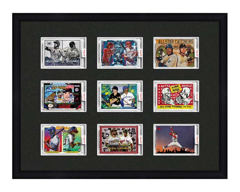 Framed Card Display for 9 horizontal Project 70, Project 2020, or Project 100 trading cards in a 3x3 layout with a black background and black frame