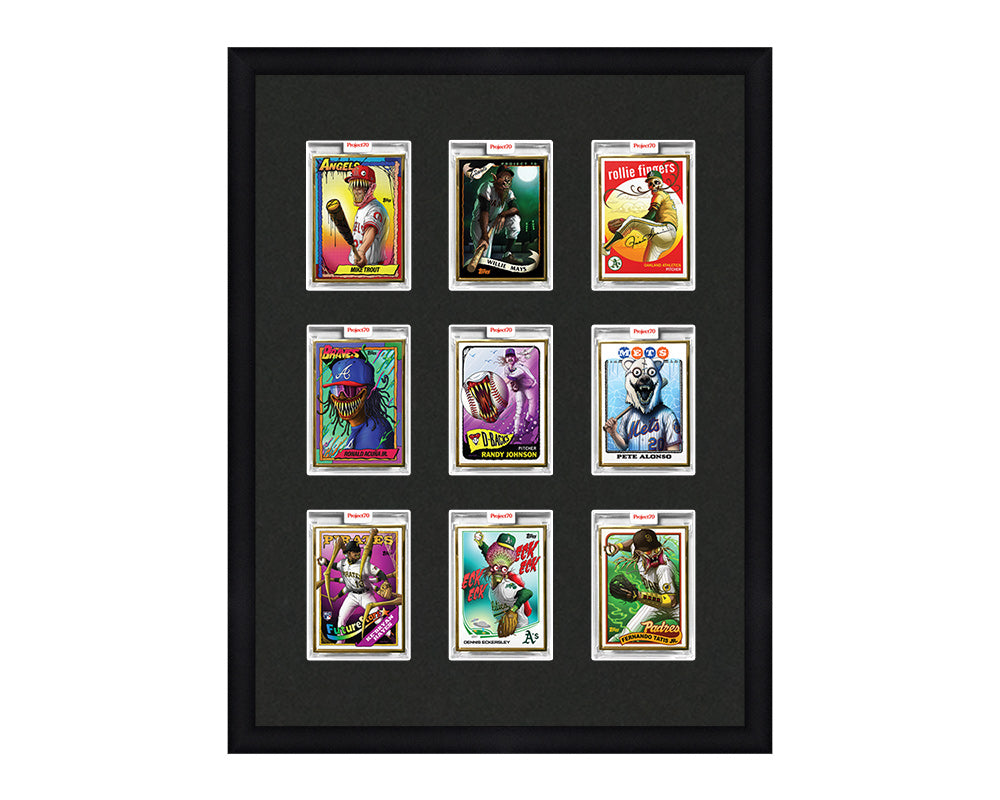 Framed Card Display for 9 Project 70, Project 2020, or Project 100 trading cards in a 3x3 layout with a black background and black frame