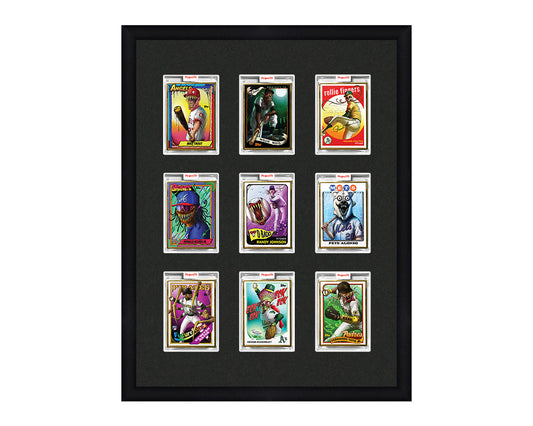 Framed Card Display for 9 Project 70, Project 2020, or Project 100 trading cards in a 3x3 layout with a black background and black frame