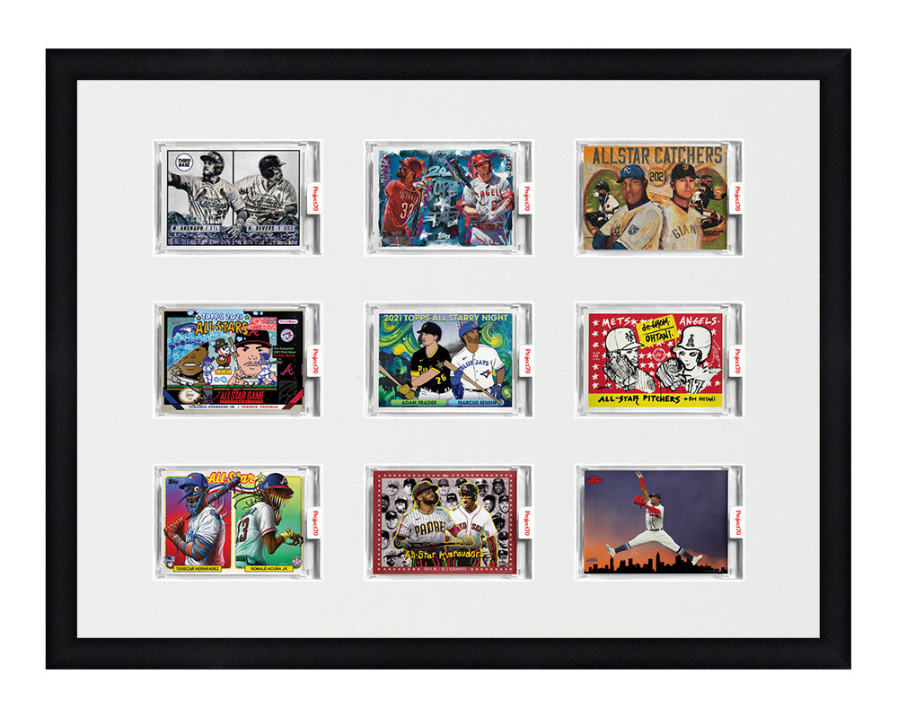 Framed Card Display for 9 horizontal Project 70, Project 2020, or Project 100 trading cards in a 3x3 layout with a white background and black frame