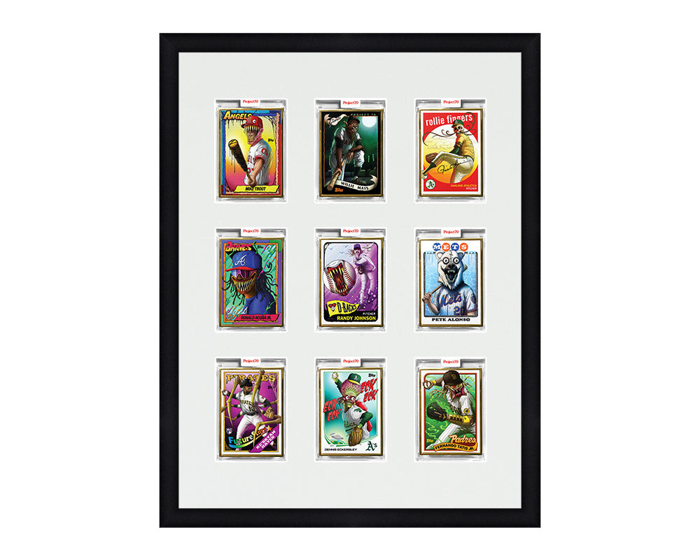 Framed Card Display for 9 Project 70, Project 2020, or Project 100 trading cards in a 3x3 layout with a white background and black frame