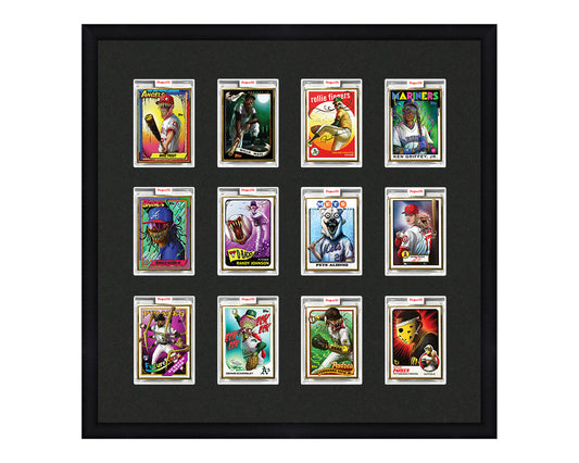 Framed Card Display for 12 Project 70, Project 2020, or Project 100 trading cards in a 3x4 layout with a black background and black frame