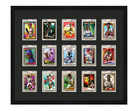 Framed Card Display for 15 Project 70, Project 2020, or Project 100 trading cards in a 3x5 layout with a black background and black frame