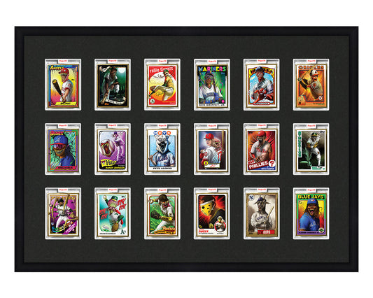 Framed Card Display for 18 Project 70, Project 2020, or Project 100 trading cards in a 3x6 layout with a black background and black frame