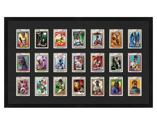 Framed Card Display for 21 Project 70, Project 2020, or Project 100 trading cards in a 3x7 layout with a black background and black frame