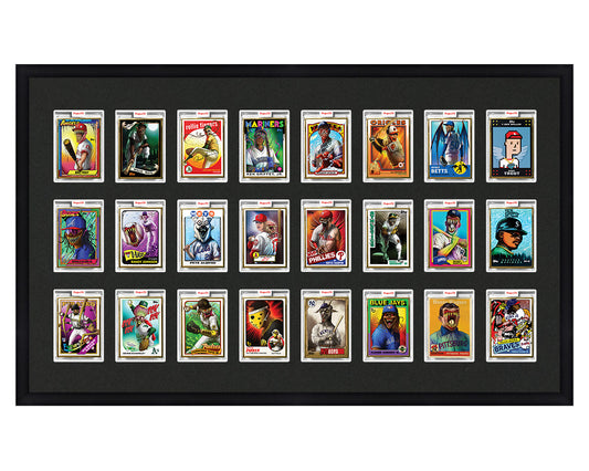 Framed Card Display for 24 Project 70, Project 2020, or Project 100 trading cards in a 3x8 layout with a black background and black frame