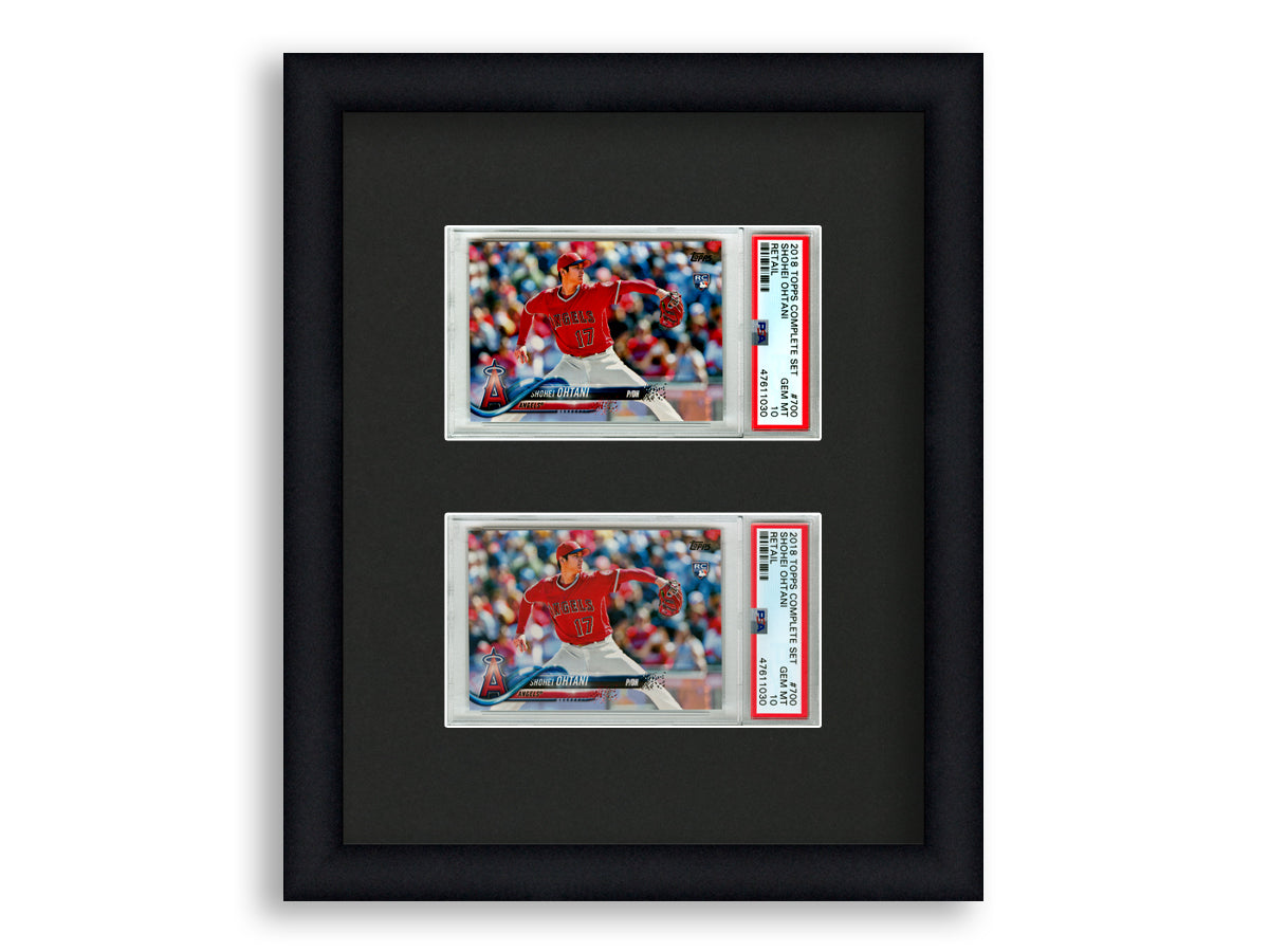 PSA Framed Card Display holds 2 horizontal PSA graded slabs in a 2 up layout with a black background and black frame