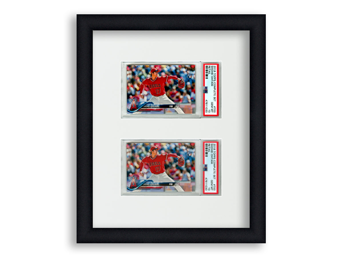 PSA Framed Card Display holds 2 horizontal PSA graded slabs in a 2 up layout with a white background and black frame