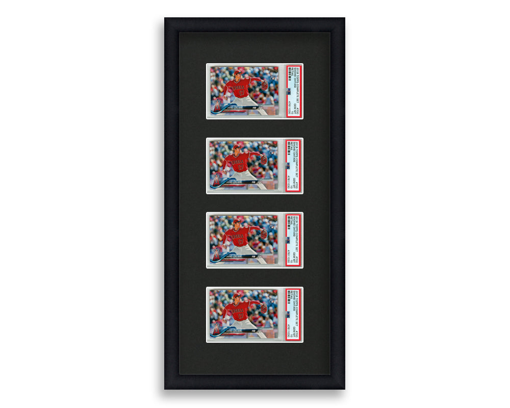 PSA Framed Card Display holds 4 horizontal PSA graded slabs in a 4 up layout with a black background and black frame