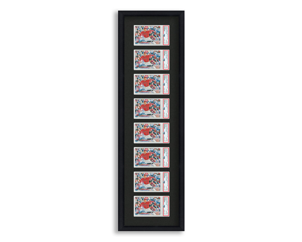 PSA Framed Card Display holds 8 horizontal PSA graded slabs in an 8 up layout with a black background and black frame