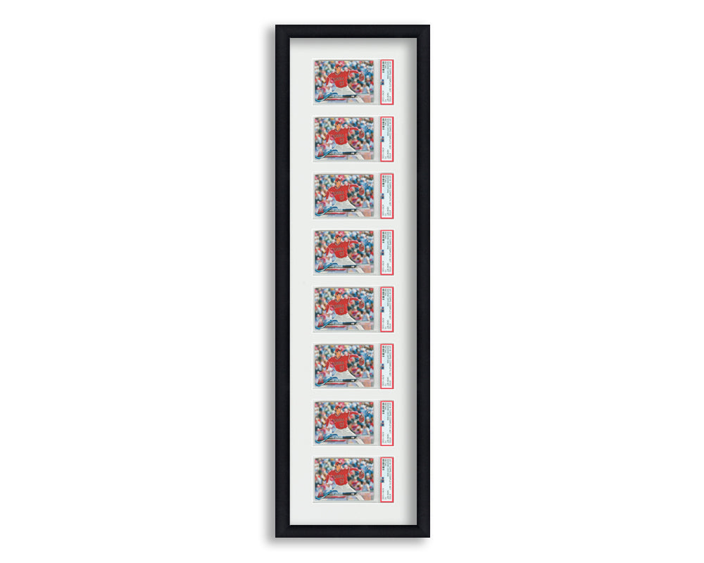 PSA Framed Card Display holds 8 horizontal PSA graded slabs in an 8 up layout with a white background and black frame