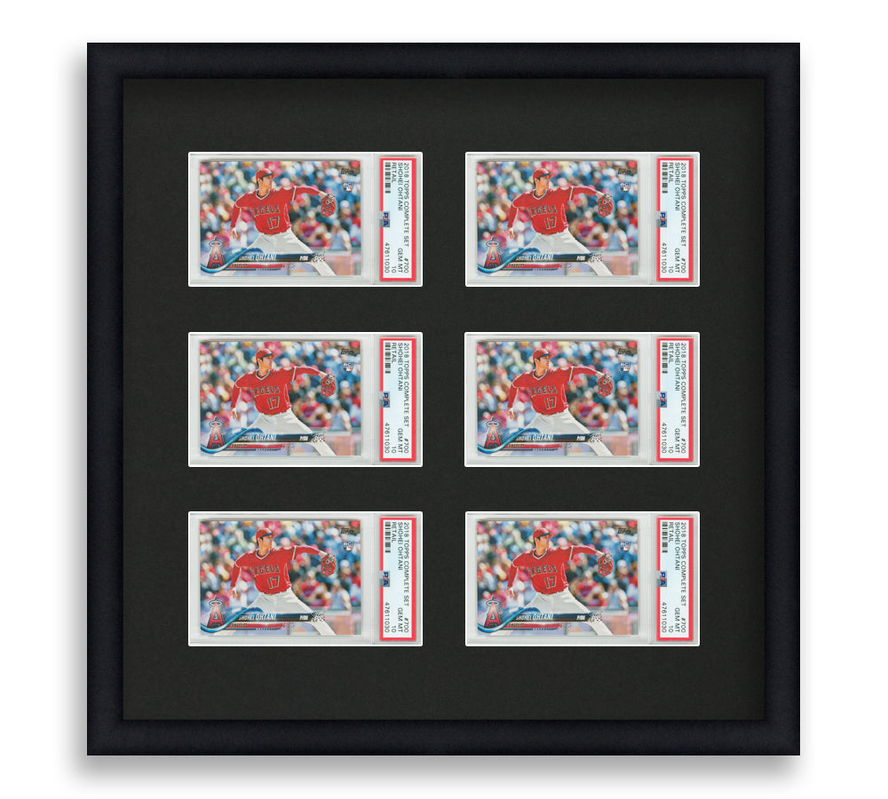 PSA Framed Card Display holds 6 horizontal PSA graded slabs in a 2x3 layout with a black background and black frame