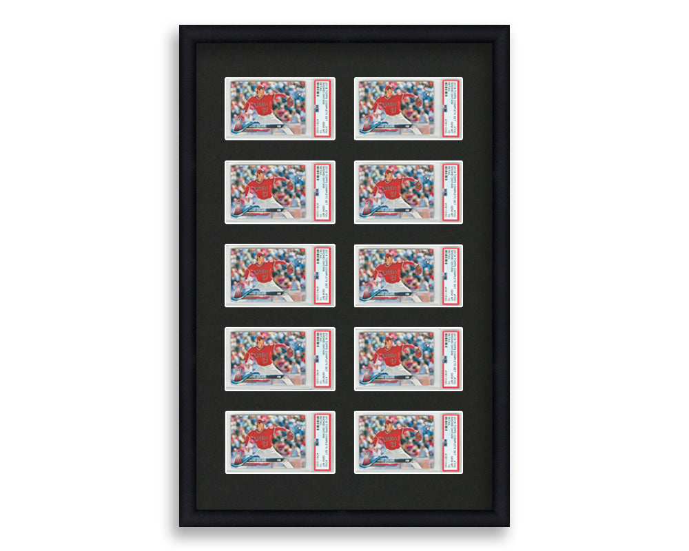 PSA Framed Card Display holds 10 horizontal PSA graded slabs in a 5x2 layout with a black background and black frame