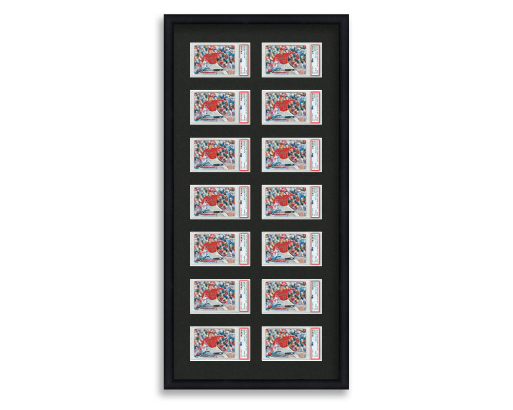 PSA Framed Card Display holds 14 horizontal PSA graded slabs in a 7x2 layout with a black background and black frame