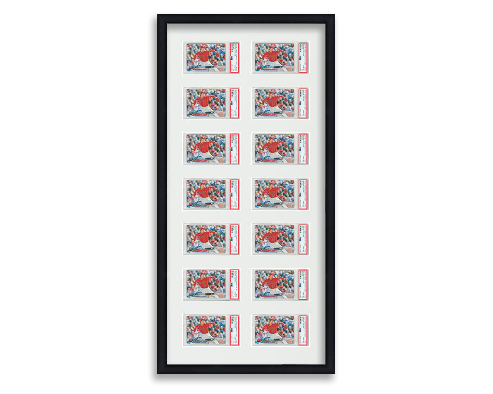 PSA Framed Card Display holds 14 horizontal PSA graded slabs in a 7x2 layout with a white background and black frame