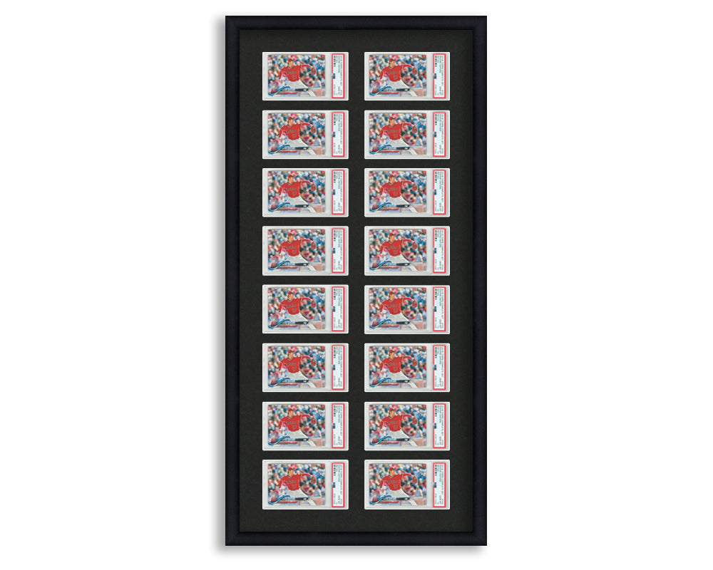 PSA Framed Card Display holds 16 horizontal PSA graded slabs in an 8x2 layout with a black background and black frame