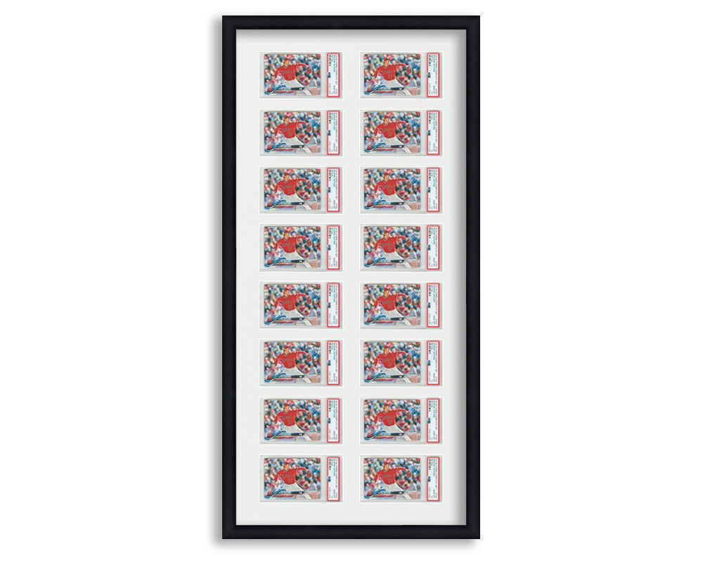 PSA Framed Card Display holds 16 horizontal PSA graded slabs in an 8x2 layout with a white background and black frame