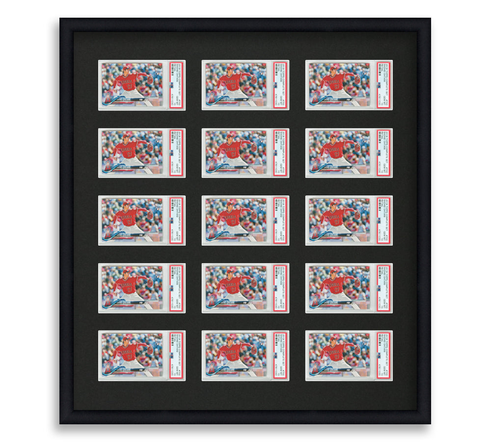 PSA Framed Card Display holds 15 horizontal PSA graded slabs in a 5x3 layout with a black background and black frame