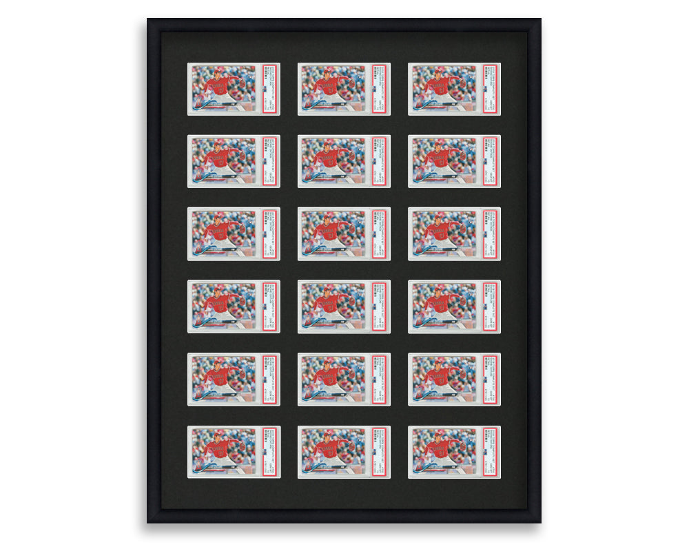 PSA Framed Card Display holds 18 horizontal PSA graded slabs in a 6x3 layout with a black background and black frame