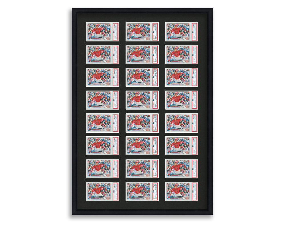 PSA Framed Card Display holds 24 horizontal PSA graded slabs in an 8x3 layout with a black background and black frame