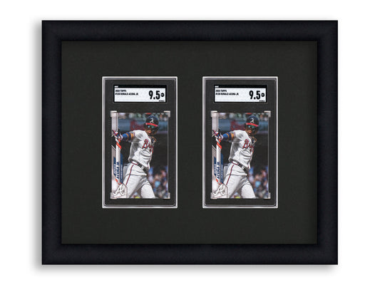 SGC Framed Card Display holds 2 SGC graded slabs in a 2 wide layout with a black background and black frame