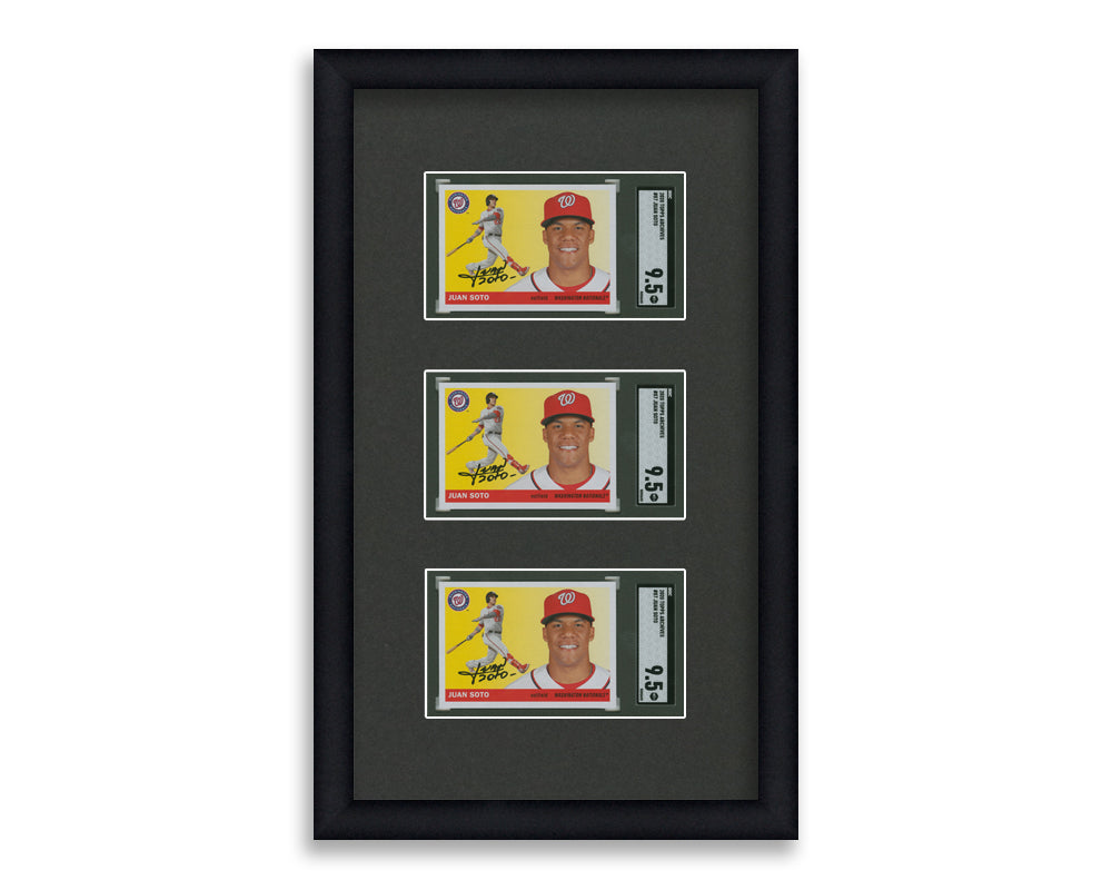 SGC Framed Card Display holds 3 horizontal SGC graded slabs in a 3 up layout with a black background and black frame