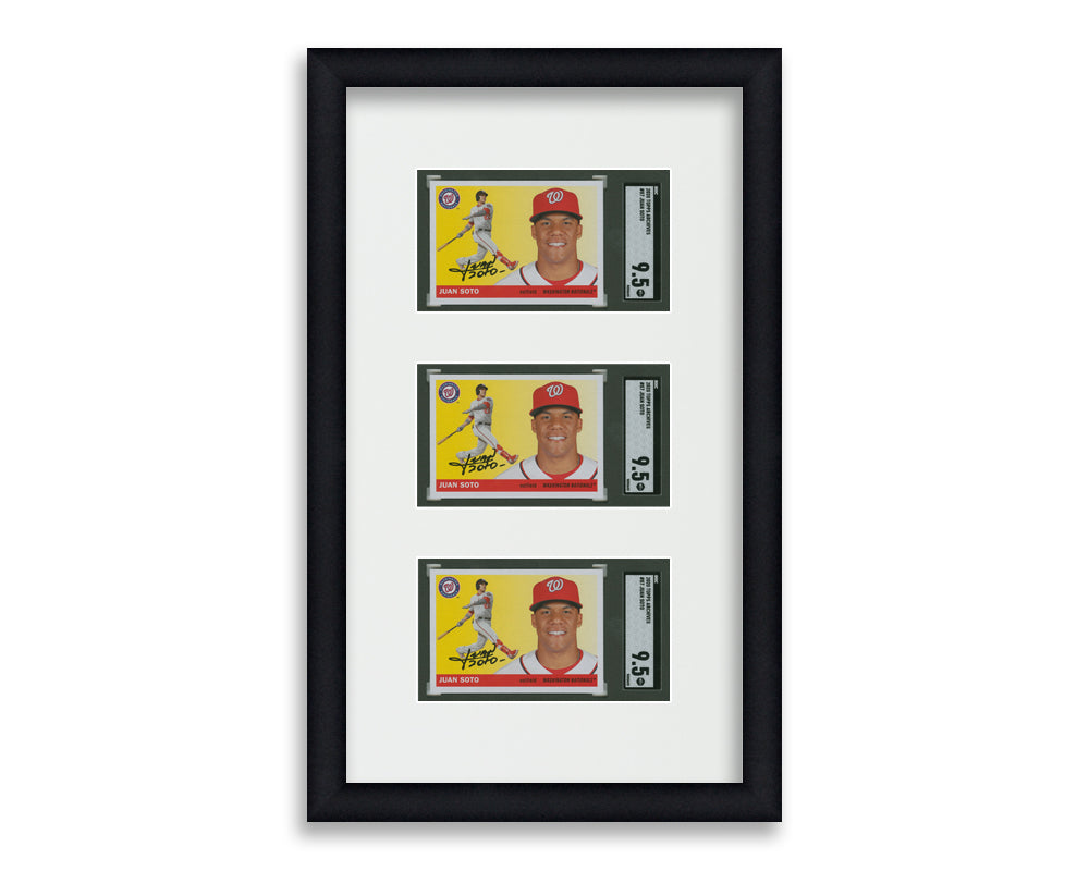 SGC Framed Card Display holds 3 horizontal SGC graded slabs in a 3 up layout with a white background and black frame