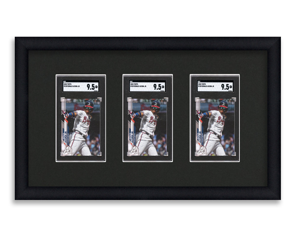 SGC Framed Card Display holds 3 SGC graded slabs in a 3 wide layout with a black background and black frame