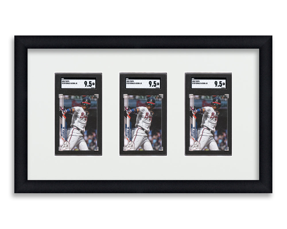 SGC Framed Card Display holds 3 SGC graded slabs in a 3 wide layout with a white background and black frame