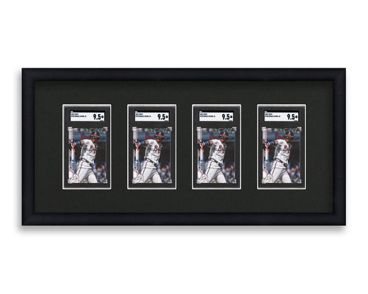 SGC Framed Card Display holds 4 SGC graded slabs in a 4 wide layout with a black background and black frame