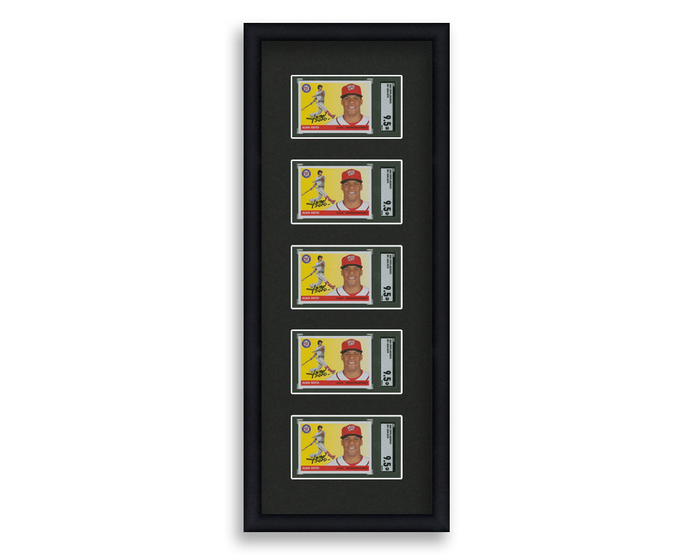 SGC Framed Card Display holds 5 horizontal SGC graded slabs in a 5 up layout with a black background and black frame