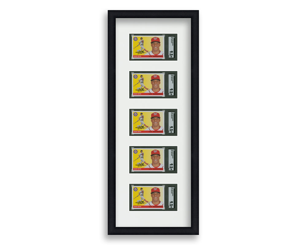 SGC Framed Card Display holds 5 horizontal SGC graded slabs in a 5 up layout with a white background and black frame