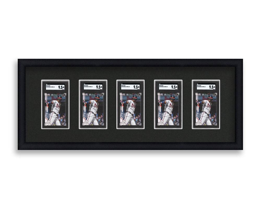 SGC Framed Card Display holds 5 SGC graded slabs in a 5 wide layout with a black background and black frame