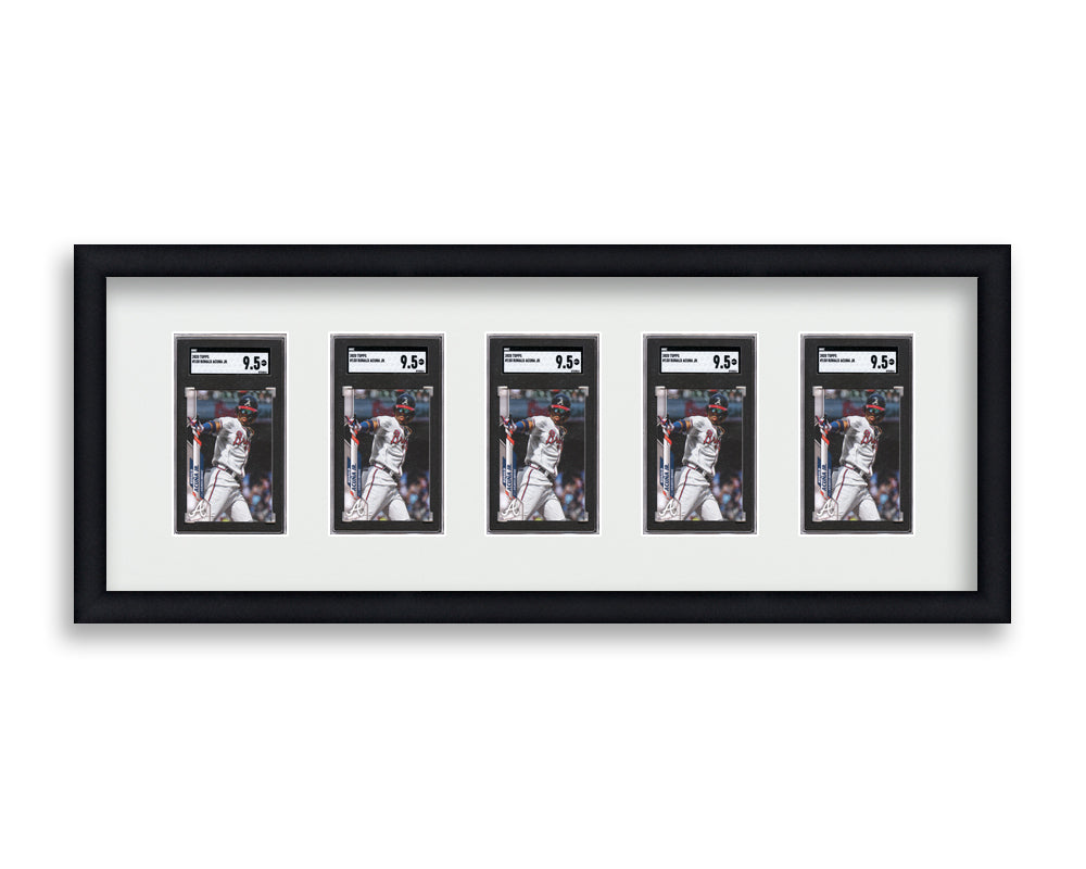 SGC Framed Card Display holds 5 SGC graded slabs in a 5 wide layout with a white background and black frame