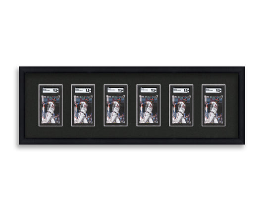 SGC Framed Card Display holds 6 SGC graded slabs in a 6 wide layout with a black background and black frame