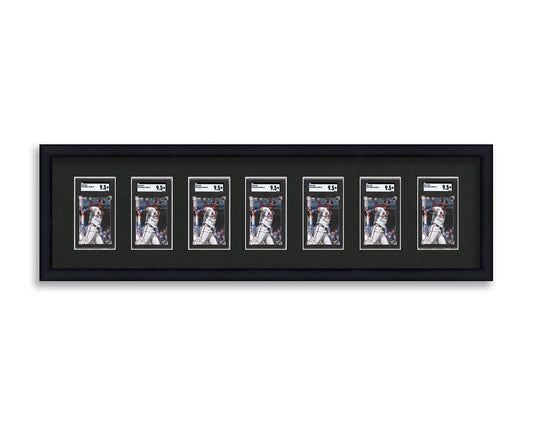 SGC Framed Card Display holds 7 SGC graded slabs in a 7 wide layout with a black background and black frame