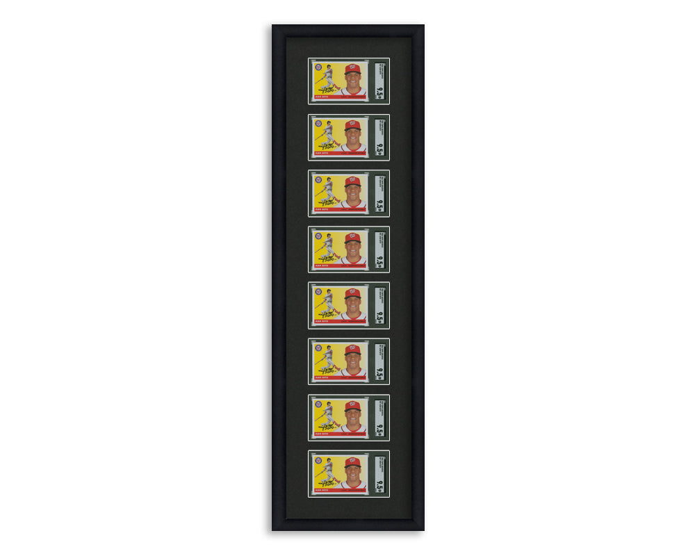 SGC Framed Card Display holds 8 horizontal SGC graded slabs in an 8 up layout with a black background and black frame