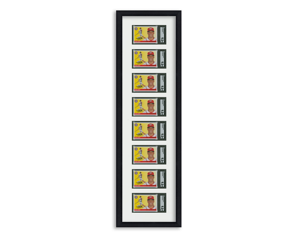 SGC Framed Card Display holds 8 horizontal SGC graded slabs in an 8 up layout with a white background and black frame