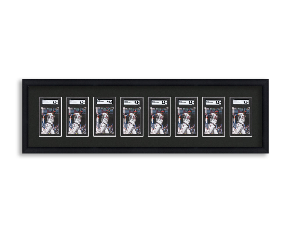 SGC Framed Card Display holds 8 SGC graded slabs in an 8 wide layout with a black background and black frame