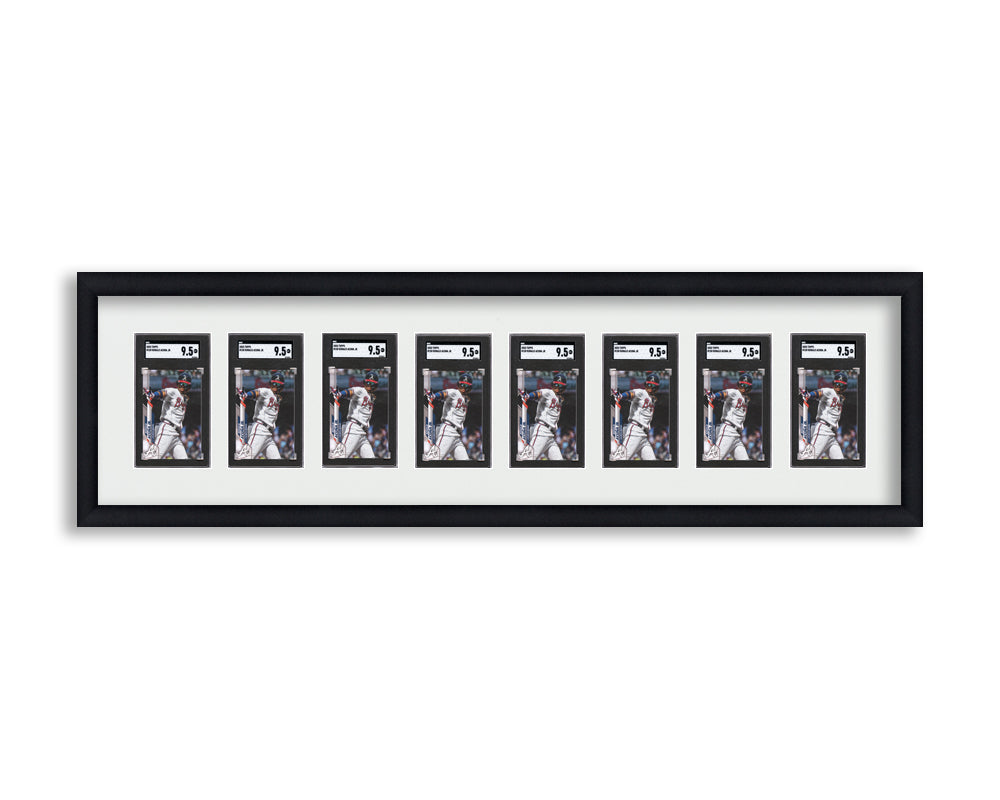 SGC Framed Card Display holds 8 SGC graded slabs in an 8 wide layout with a white background and black frame